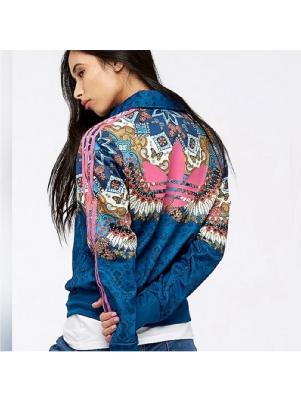 adidas farm Río Blue Paisley Varsity Track Jacket with Pink Trefoil